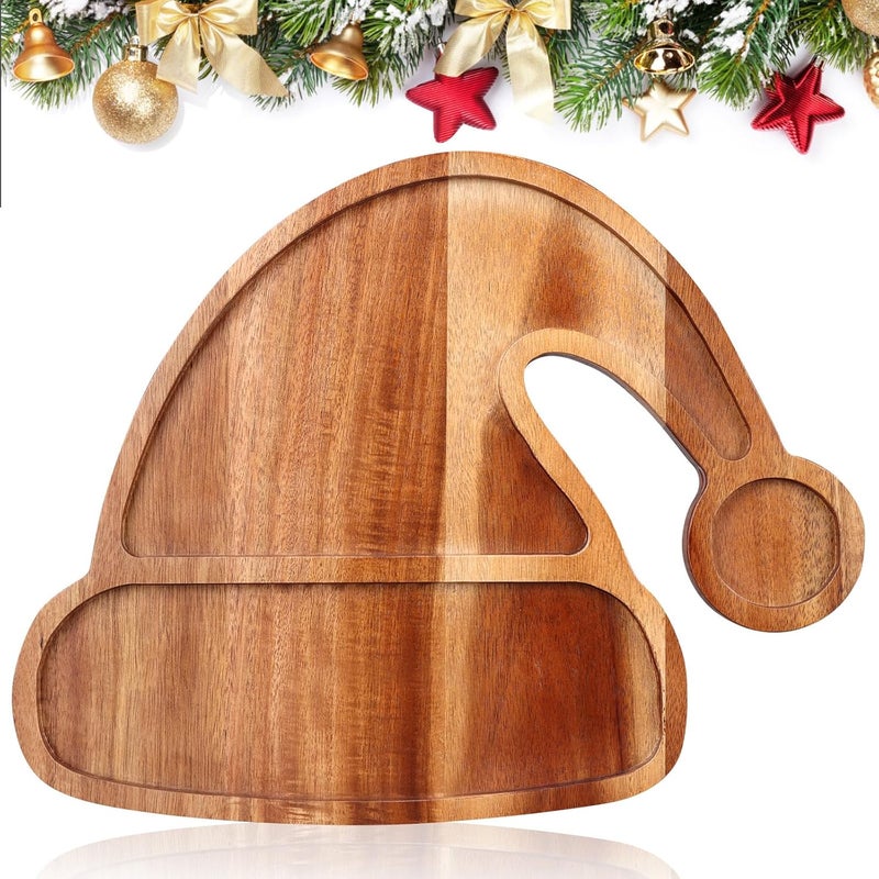 Gtencemen Acacia Wood Christmas Hat Tray - Decorative Serving Platter, Festive Plate, Xmas Dish & Wooden Charcuterie Board for Holiday Gift, Cheese, Fruit, Veggie & Cookie, Food, Snack, 14” x 11” - Image 1